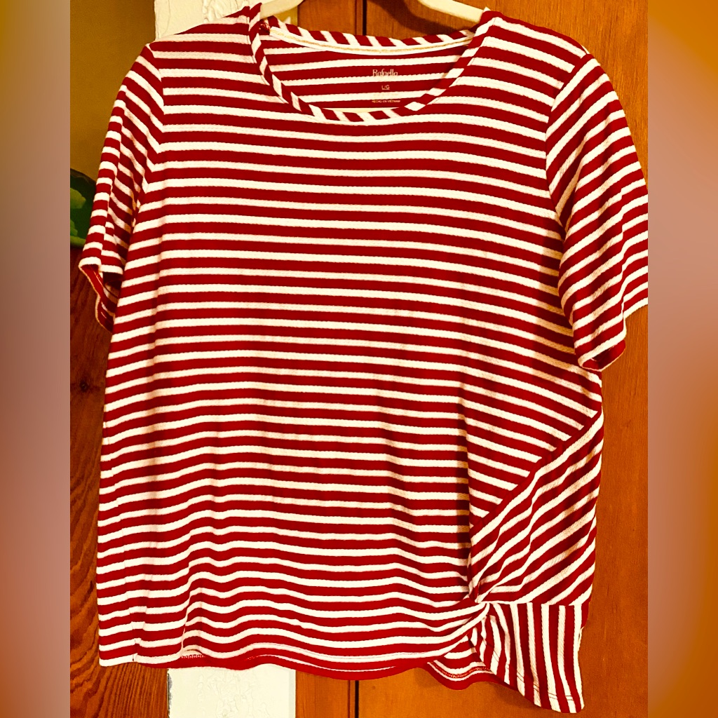 Women’s Cupio Red/White Striped Top - Gathered On One Side Size L